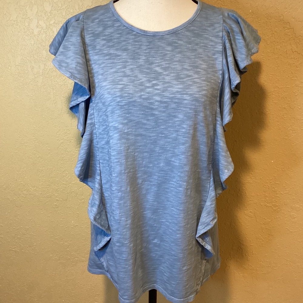 Frye Light Blue Cotton Ruffle Short Sleeve Casual Cottagecore Top Size Medium